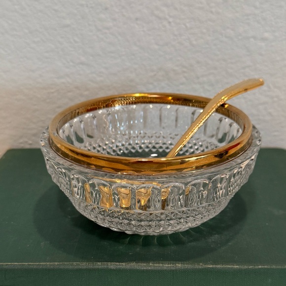 Vintage William Adams Gold Etched Lead Crystal Bowl with Silver Plated Spoon - Picture 9 of 12